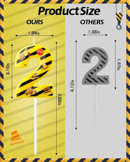 Number 2 Construction Birthday Candle, 2.68 Inch Yellow and Black Striped Candle, Birthday Candles Numbers Construction Cake Topper for Boys Girls, Construction Birthday Party Supplies Decorations