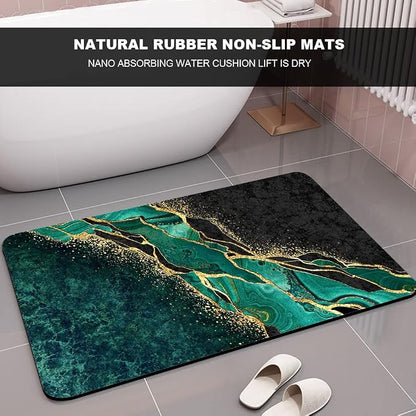 Diatomaceous Earth Bath Mat,Black and Green Gold Marble Non-Slip Volume Super Absorbent Fast Drying for Bathroom Kitchen Door mat,Eco-Friendly Easy to Clean 16×24Inch (40 * 60cm)