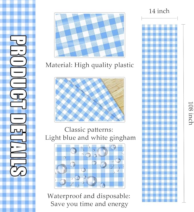 3 Pcs Light Blue and White Checkered Table Runner Plastic 14 x 108 Disposable Baby Blue Gingham Table Runner for Birthday Wedding Baby Shower Party Table Centerpiece Decorations