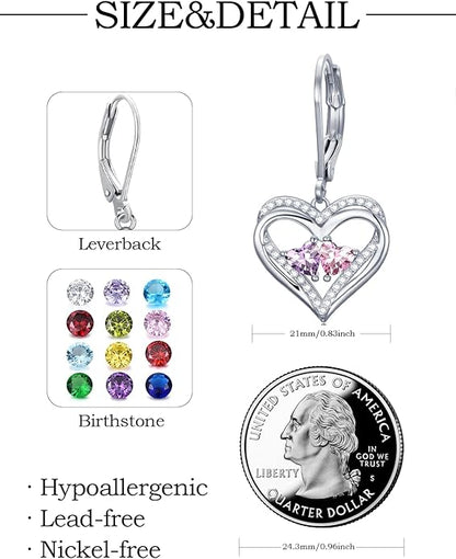 Valentines Day Gifts for Women, Heart Leverback Earrings Double Birthstone Dangle Earrings for Women, Love Jewelry for Her, Anniversary Birthday Gift for Mom Wife Girlfriend