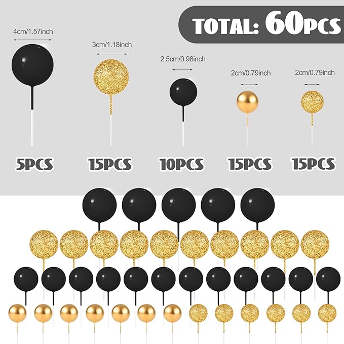 60Pcs Glitter Cake Balls Decorations Foam Cake Topper Balls Mini Balloon Cupcake Toppers for Cake Decorating Birthday Baby Shower Party (Glitter Black Gold)