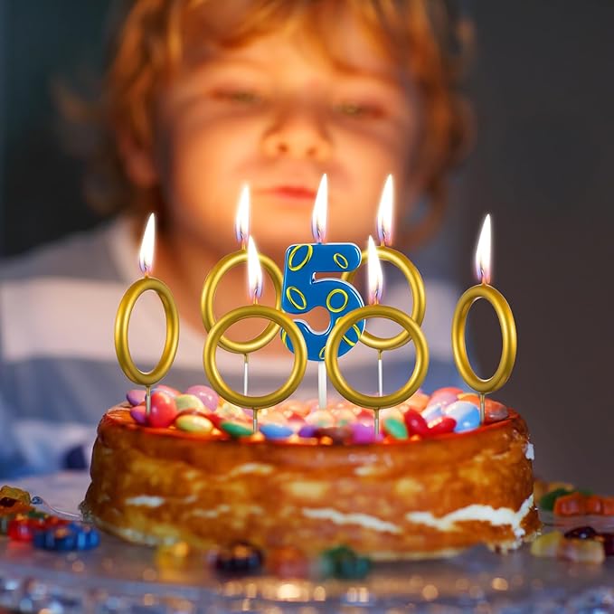 Conelist 7 Pcs Gold Ring Birthday Candles Number Candle Cake Topper Cartoon Characters Themed Candle for Wedding Anniversary Valentine's Day Birthday Party Decorations Supplies(Number 5)