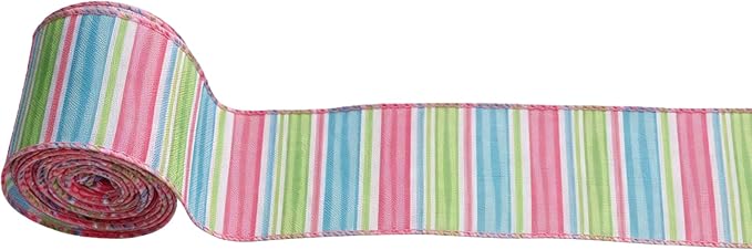 Meseey 2.5 Inch x 10 Yards Pastel Striped Wired Ribbon, Spring Rainbow Striped Wired Edge Ribbon for Easter Wreaths, Gift Wrapping, Easter Baskets, Crafts, Spring Party Decorations