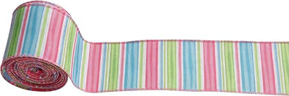Meseey 2.5 Inch x 10 Yards Pastel Striped Wired Ribbon, Spring Rainbow Striped Wired Edge Ribbon for Easter Wreaths, Gift Wrapping, Easter Baskets, Crafts, Spring Party Decorations