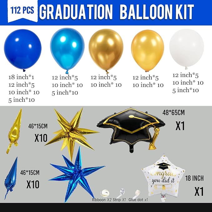 Royal Blue and gold Graduation Balloon Garland Kit with Gaduation cap diploma and explosion star foil balloons for Luxurious Graduation Party Decorations the Class of 2026 supplies