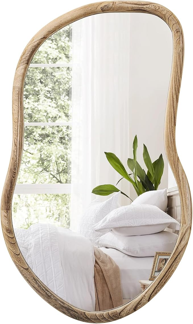Irregular Wall Mirror Wood Asymmetrical Mirror Large Bathroom Vanity Mirrors Natural Wood Framed Abstract Mirrors for Wall Living Room Bedroom Decorative