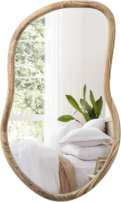 Irregular Wall Mirror Wood Asymmetrical Mirror Large Bathroom Vanity Mirrors Natural Wood Framed Abstract Mirrors for Wall Living Room Bedroom Decorative