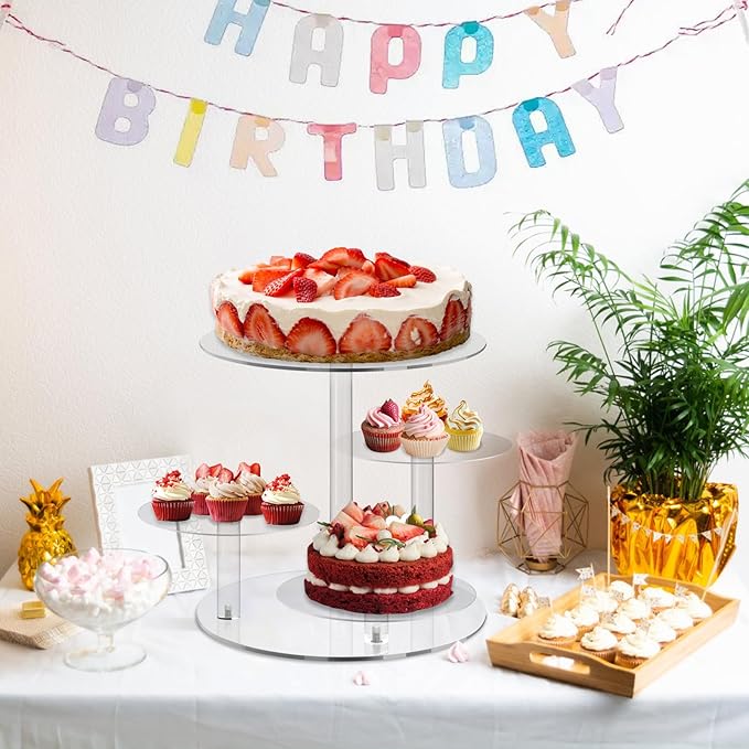 Frigatebird 4 Tier Acrylic Round Cake Stand for 8-12 Inch Cakes, Clear Multi-Layer Dessert Display Stand for Wedding, Birthday Parties
