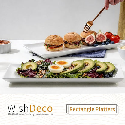 WishDeco Large Serving Platter Set of 2, Long Ceramic Serving Tray 16 inch, Rectangular Serving Dishes, White Plates for Entertaining, Fruit, Appetizer, Charcuterie, Oven & Dishwasher Safe