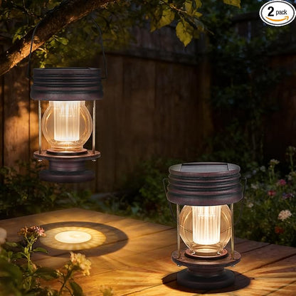 Solar Lanterns Outdoor Hanging Lights Patio Decor, Upgraded Dual Solar & USB Charging, Adjustable Light Sensor, Retro Decorative Table Lamp Waterproof, Indoor Outdoor Garden Patio Yard Decoration