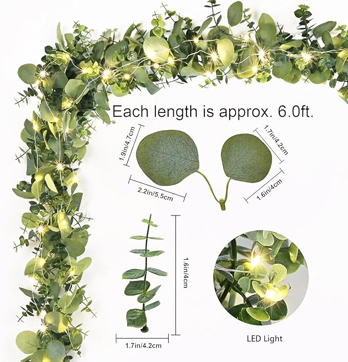 Dolicer 4 Packs 6FT Artificial Eucalyptus Garland with LED Light String, Faux Greenery Garland Hanging Fake Silver Dollar Eucalyptus Leaves Vines for Wedding Backdrop Arch Table Wall Party Home Decor