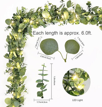 Dolicer 4 Packs 6FT Artificial Eucalyptus Garland with LED Light String, Faux Greenery Garland Hanging Fake Silver Dollar Eucalyptus Leaves Vines for Wedding Backdrop Arch Table Wall Party Home Decor