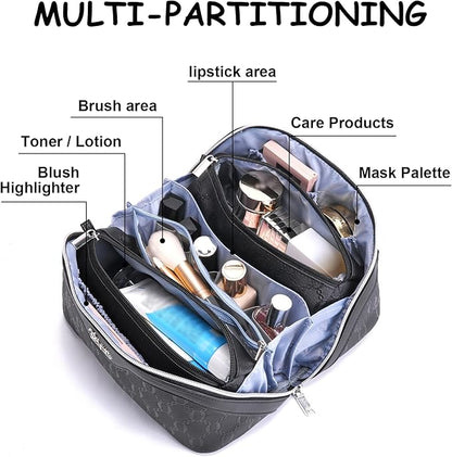 BOYATU Travel Makeup Bag for Women: Cosmetic Organizer Bag with Compartments - Leather Make up Bags Set of 3 (G-4-Black)