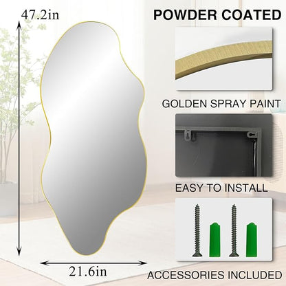 Irregular Frameless Wall Mirror, 47.2"x21.6" Gold Asymmetrical Mirror, Modern Organic Aesthetic Mirror for Living Room Bathroom Bedroom Hallway Entryway, Hangs Vertically or Horizontally