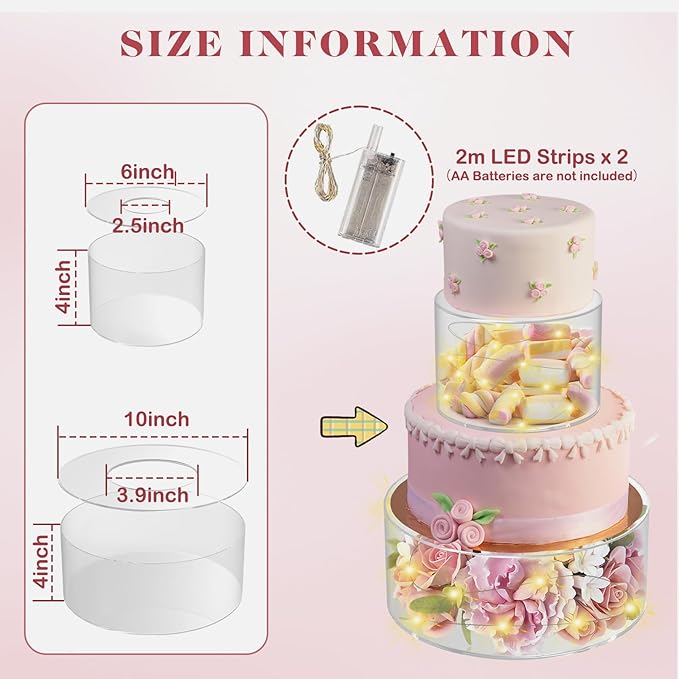 SAMYUCHO 2 Pcs Acrylic Cake Stand 6" Dx4 H 10" Dx4 H with Led Lights for Party Wedding Cake Stand Clear Cake Cupcake Display Stand Centerpiece Tier Floating Cup Cake Supports Stands for Stacking