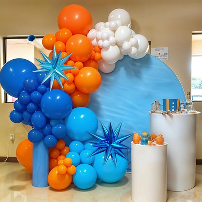 Blue and Orange Balloon Arch Kit, 120 Pcs Light Blue White Orange Balloons Garland Kit with 4D Star Chrome Latex Balloons for Graduation Class of 2025 Thanksgiving Party Decorations