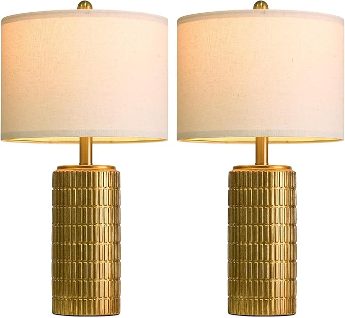 PoKat 23" Brass Gold Ceramic Table Lamps for Living Room, Retro Warm Gold Lamps for Night Stands, Vintage Bronze Decorative Lamps for Bedroom, Antique Gold Brown Nightstand Lamps for Home Decor