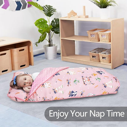 Primlect Thickened Toddler Nap Mat with Removable Pillow and Minky Blanket, Extra Large 55''x35'' Sleeping Bag, Washable, Roll up, Perfect for Daycare, Preschool, Kindergarten, Boys and Girls Pink Fox