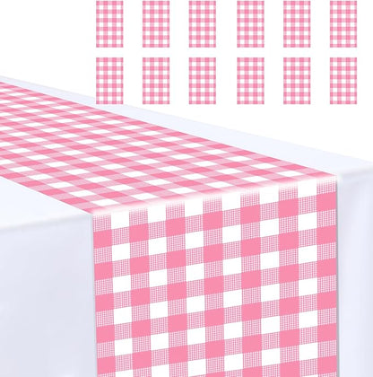 12 Pcs Hot Pink and White Checkered Table Runner Plastic 14 x 108 Disposable Hot Pink Gingham Table Runner for Birthday Wedding Baby Shower Party Table Centerpiece Decorations