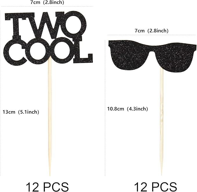 Ercadio 24 Pack Two Cool Glasses Cupcake Toppers Black Glitter 2nd Birthday Cupcake Picks Baby Shower Kids Second Birthday Party Cake Decorations