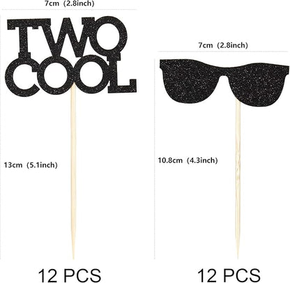 Ercadio 24 Pack Two Cool Glasses Cupcake Toppers Black Glitter 2nd Birthday Cupcake Picks Baby Shower Kids Second Birthday Party Cake Decorations