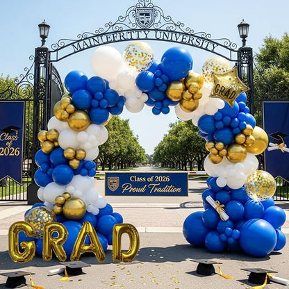 Graduation Balloon Arch Kit - 128Pcs Blue White and Gold Balloon Garland with 16" GRAD Letters, Star Foil and Confetti Balloons for Class of 2026 Grad Prom College Party Decorations