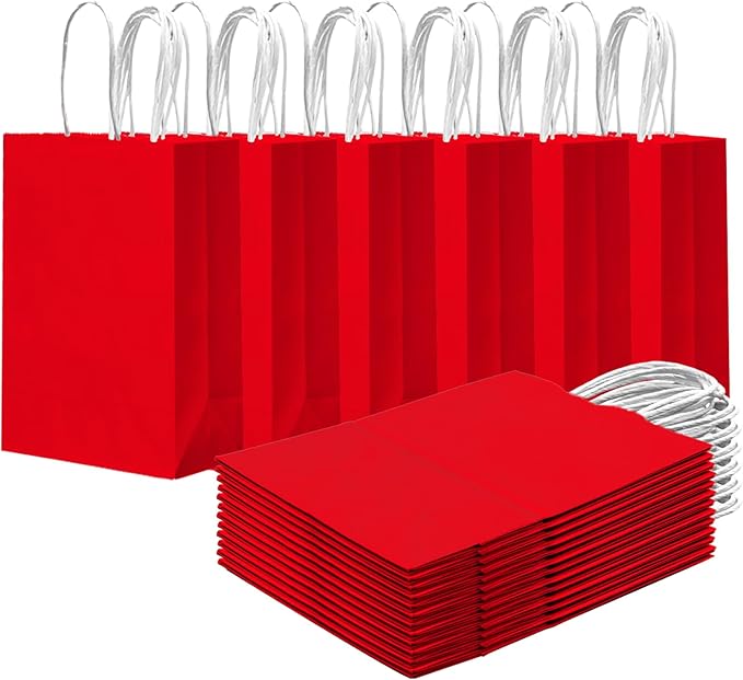qiqee 24PCS Small Gift Bag with Handles Bulk 8.3"x6"x3" Gift Bags Red Bags Multiple Uses (Small Size)