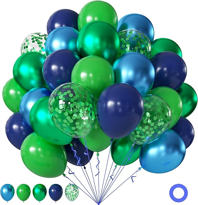 Blue and Green Balloons, 60Pcs 12Inch Metallic Navy Blue Metallic Light Green Confetti Balloons for Dinosaur Graduation Baby Shower Birthday Party Decorations