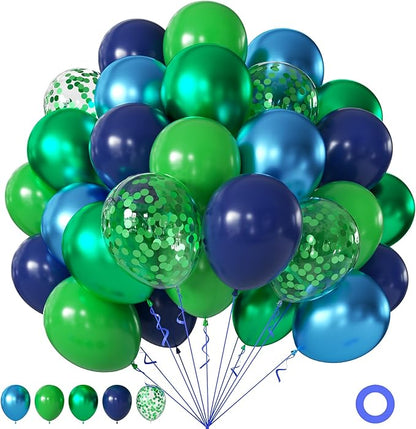 Blue and Green Balloons, 60Pcs 12Inch Metallic Navy Blue Metallic Light Green Confetti Balloons for Dinosaur Graduation Baby Shower Birthday Party Decorations