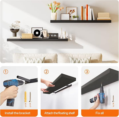 HOOBRO Floating Shelves for Wall, Wall Mounted Shelf Set of 2, 47.2" Hanging Shelf with Invisible Brackets, for Wall Decor Storage in Bathroom Bedroom Kitchen Living Room Office, Black BK120BJP201