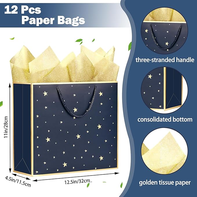 SHIPKEY 12 Pack Navy Star Gift Bags with Gold Frame, 12.5x4.5x11 Inches Large Paper Bag with Ribbon Handles, Star Shopping Bags (32x11.5x28 cm)