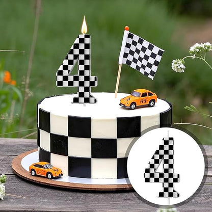 Racing Cars Themed Birthday Candle, Checkered Flag Number Candles Black and White Candles Happy Birthday Cake Topper Party Decorations for Boys Racing Cars Themed Party Supplies (Number 4)