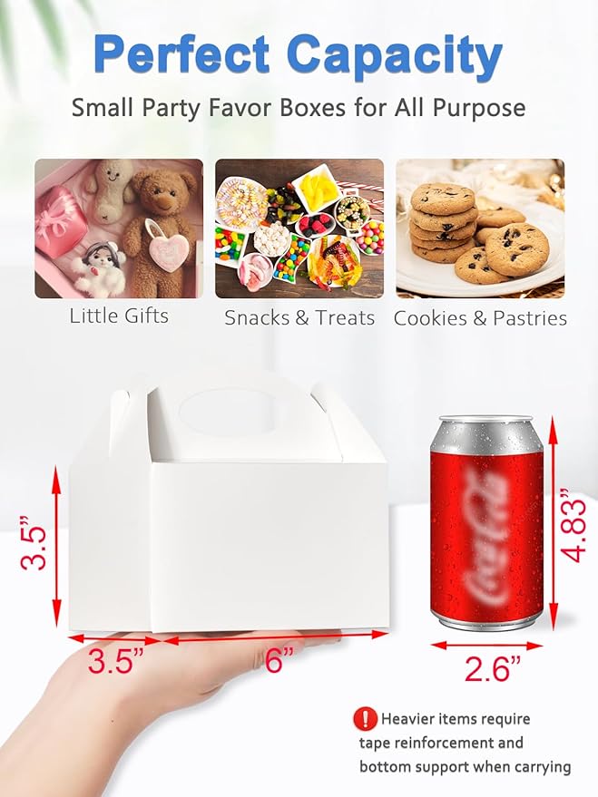 12 Pcs Small Party Treat Boxes, 6 Inch Candy Cookie Goodie Gift Bags Gable Box for Kids Birthday Party, White