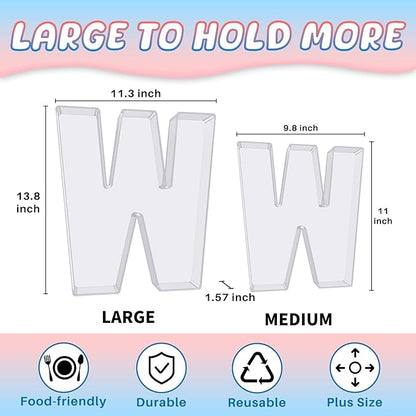 13.8" Extra Large Acrylic Letter Charcuterie Board Box, Reusable Fillable Letter Cake Candy Dish Display Serving Tray for Birthday Anniversary Party Decoration (W)