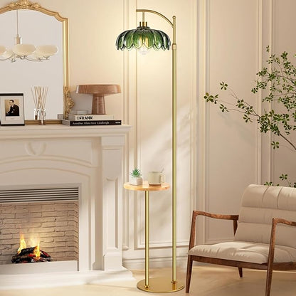 QIYIZM Glass Floor Lamp with Table and Shelves for Living Room Bedroom,Gold Standing Lamp with Remote Dimmable,Boho Brass Tall Lamp Vintage Farmhouse Arc Green Flower Floor Light Bohemian