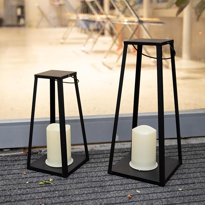 HPC Decor 2PCS Solar Lanterns for Outdoor Decor-20in 15.6in Black Metal Candle Lanterns w/ Waterproof Solar Powered Candles- Modern Farmhouse Hanging Decor for Front Porch,Yard Garden Patio