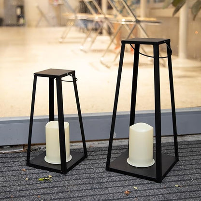 HPC Decor 2PCS Solar Lanterns for Outdoor Decor-20in 15.6in Black Metal Candle Lanterns w/ Waterproof Solar Powered Candles- Modern Farmhouse Hanging Decor for Front Porch,Yard Garden Patio