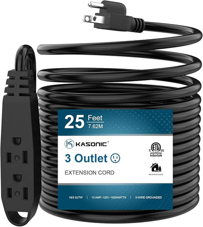 K KASONIC - 25-Feet 3 Outlet Extension Cord, UL Listed, 16/3 SJTW 3-Wire Grounded, 13 Amp 125 V 1625 Watts, Multi-Outlet Indoor/Outdoor Use, Black