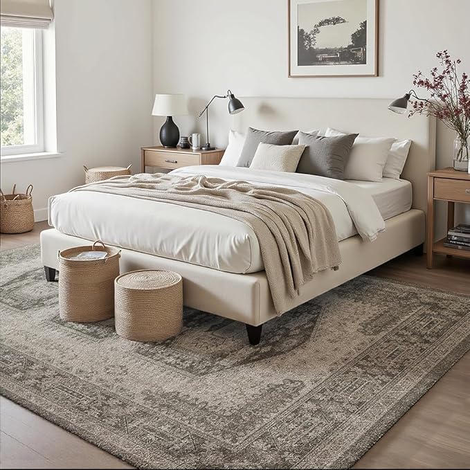 4x6 Area Rugs Grey Brown Washable Rug for Living Room, Dining Room, Bedroom, Large Carpets, Non Slip & Non-Shedding Low Pile Vintage Print Rug for Home Office Decor