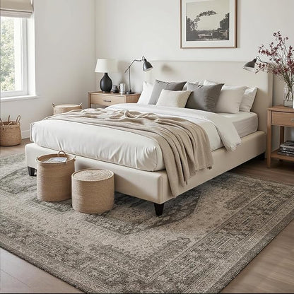 4x6 Area Rugs Grey Brown Washable Rug for Living Room, Dining Room, Bedroom, Large Carpets, Non Slip & Non-Shedding Low Pile Vintage Print Rug for Home Office Decor