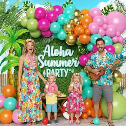 Flamingo Tropical Luau Balloons Arch Kit 162Pcs, Olive Green Hot Pink Orange Gold Summer Hawaiian Balloons Garland Kit for Aloha Birthday Baby Shower Summer Beach Pool Party Decorations