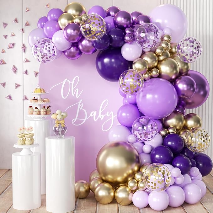 MEBAY Purple and Gold Balloons Arch Kit, 155Pcs Lavender Dark Purple Pastel Purple Lilac and Gold Balloon Garland for Baby Girl Princess Party Birthday Graduation