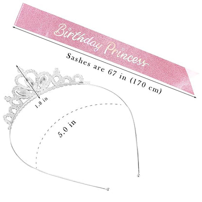 COCIDE Princess Sash and Tiara Set for Girls and Women - Happy Birthday Party Accessories Kit with Pink Crown, Crystal Rhinestone Tiara, Glitter Sash Decorations