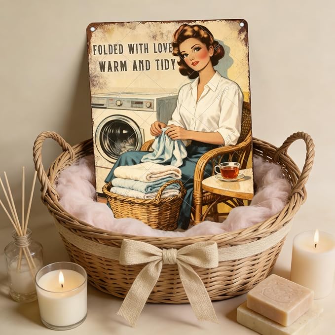 Funny Laundry Sign Vintage Tin Plaque Folded With Love Warm And Tidy Wall Art Laundry Room Decor Rustic Farmhouse Home Gift 12x8 Inch