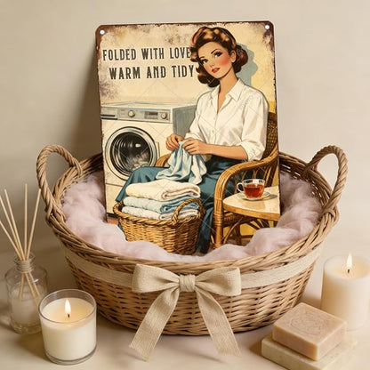 Funny Laundry Sign Vintage Tin Plaque Folded With Love Warm And Tidy Wall Art Laundry Room Decor Rustic Farmhouse Home Gift 12x8 Inch