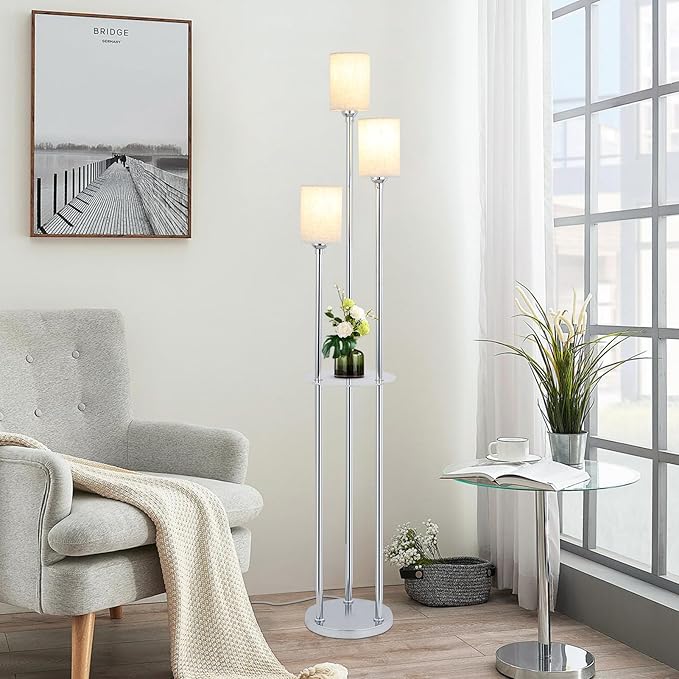 Floor Lamps for Living Room, 3-Lights Modern Floor Lamp with Shelves, Chrome Standing Lamp with Fabric Shade and Foot Switch, Shelf Standing Lamps with Table, Tall Lamps for Bedroom Office