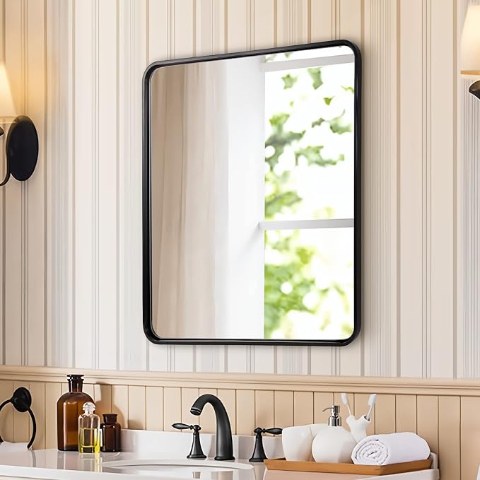 ANDY STAR 28x36 INCH Black Bathroom Mirror, Black Bathroom Vanity Mirrors for Wall, Rounded Rectangle Mirror for Bathroom, Tube Metal Frame, 1’’ Deep Wall Mounted Vertical/Horizontal