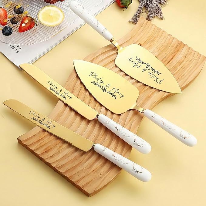 Personalized Gold Wedding Cake Knife and Server Set - Engraved Stainless Steel Cake Pie Pastry Servers Cutting Cutter Set with Marble Pattern, Elegant Gift for Wedding Anniversary Birthday Christmas