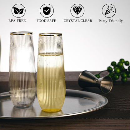 HOMIP 36pcs Plastic Champagne Flutes with Gold Rim - 9oz BPA-free Disposable Champagne Glasses, Ribbed Ripple Design for Weddings, Parties, Bars & Events (Stemless, Durable)