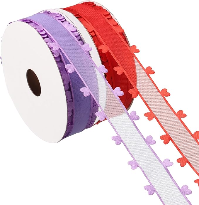 PATIKIL 1 Inch x 20 Yard Organza Chiffon Ribbon Set, Sheer Heart Decorative Ribbon for Valentine's Day Gift Wrapping Wreath Bow Craft DIY Decoration, Red,Purple